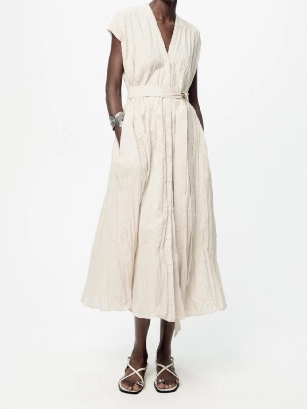 ZARA 100% COTTON BELTED WRINKLED DRESS BEIGE XS WOMAN SS24 ZW COLLECTION - Picture 1 of 16